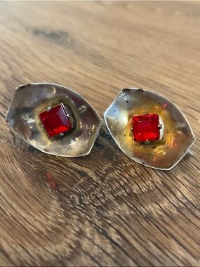Sterling Silver Art Deco Vintage Earrings With Red Glass Screw Back Geometric